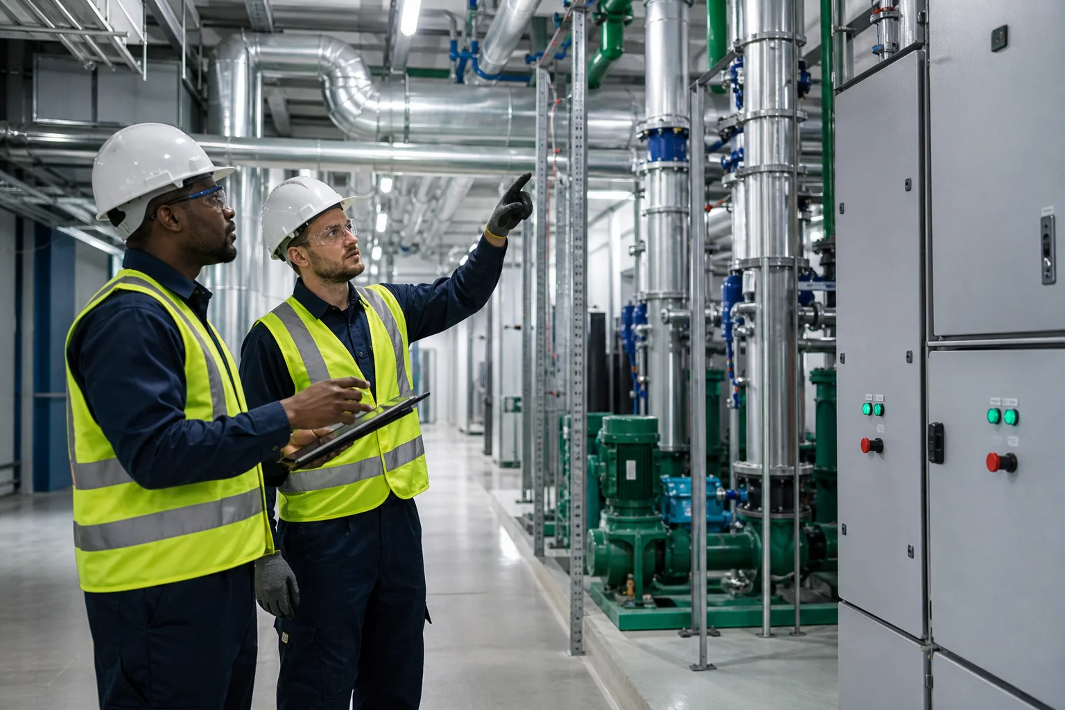 Engineers reviewing mechanical and electrical building services
